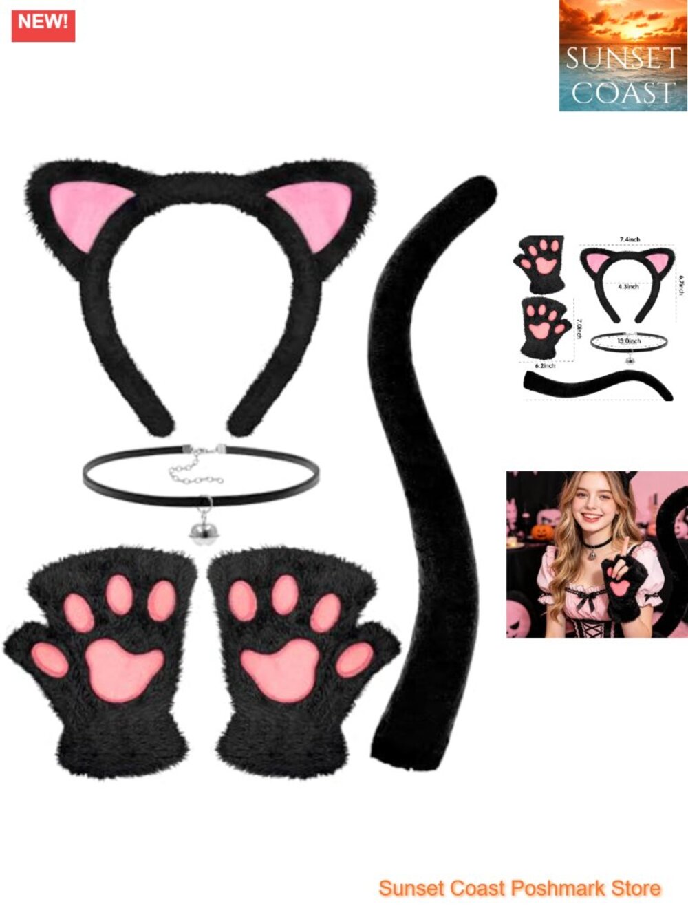 Cat Costume Set Cat Ears Headband Paw Gloves Tail Cosplay Halloween Accessory